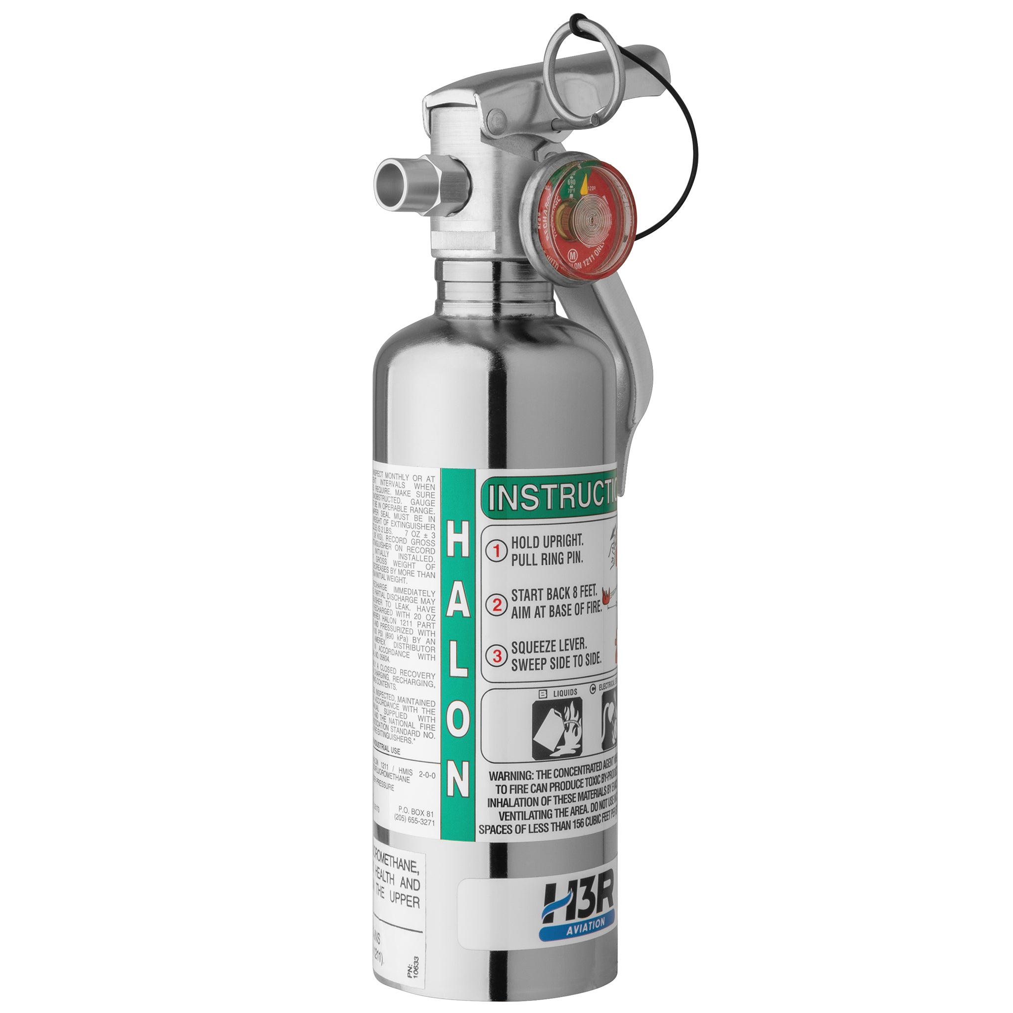 H3R Aviation Chrome model A344TC - 1.25 lb. Halon Fire Extinguisher