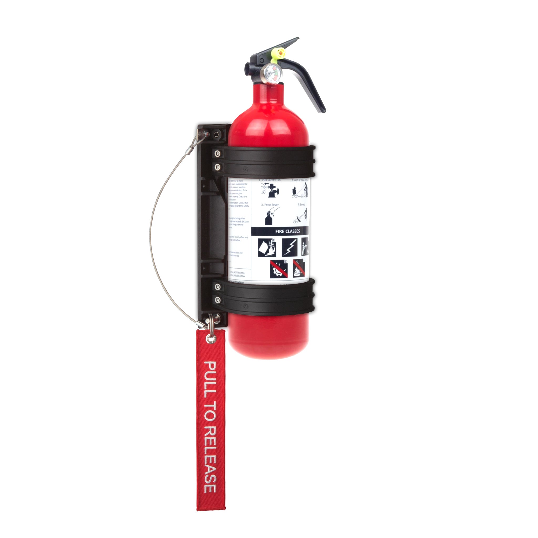 H3R Aviation model NB350 - 3.5" Diameter Extreme Duty Fire Extinguisher Bracket with a fire extinguisher