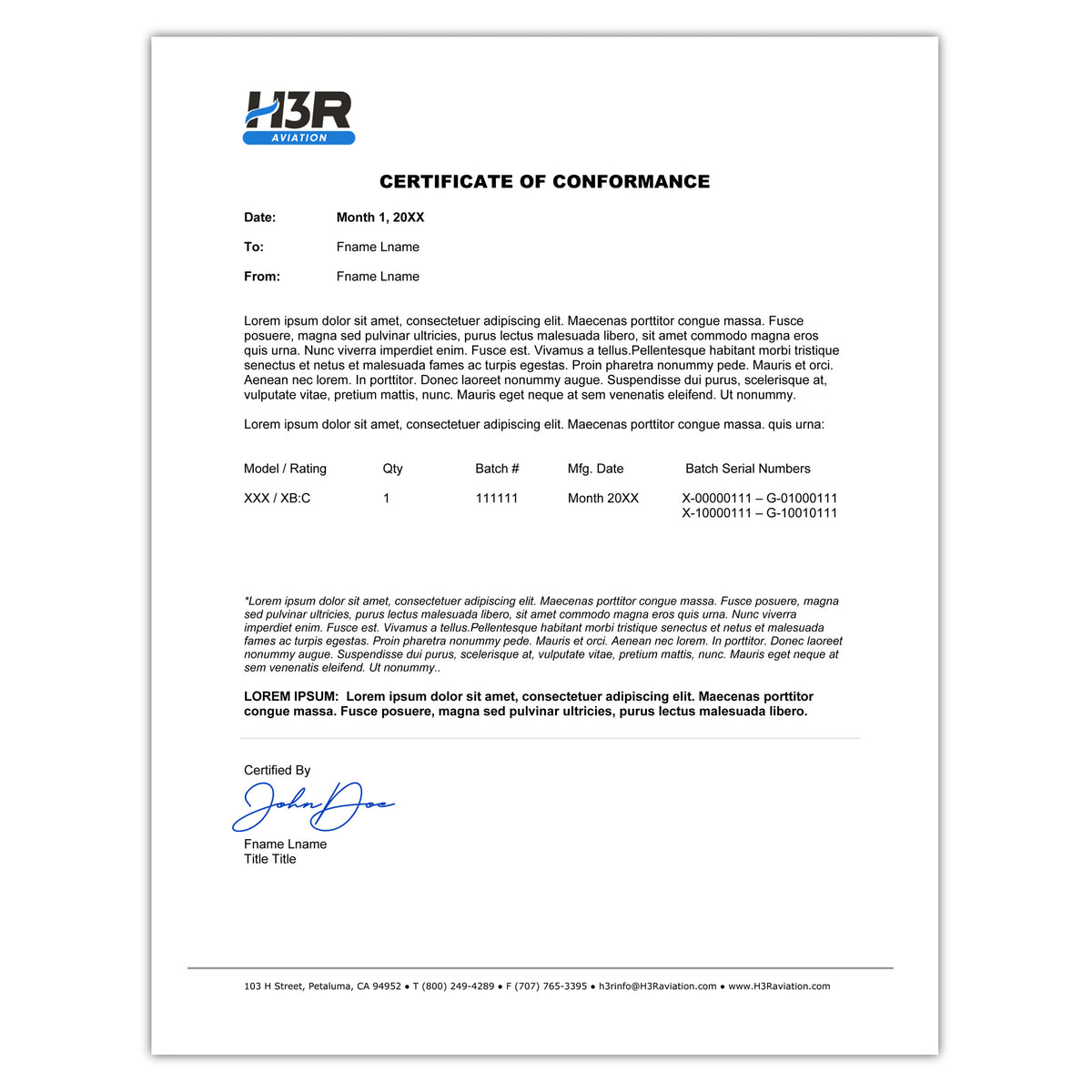 A sample Certificate of Conformance image